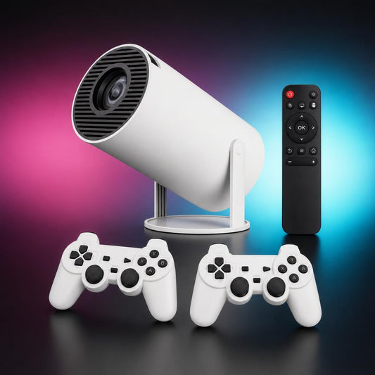 Proyector gaming retro con dos controles inalámbricos